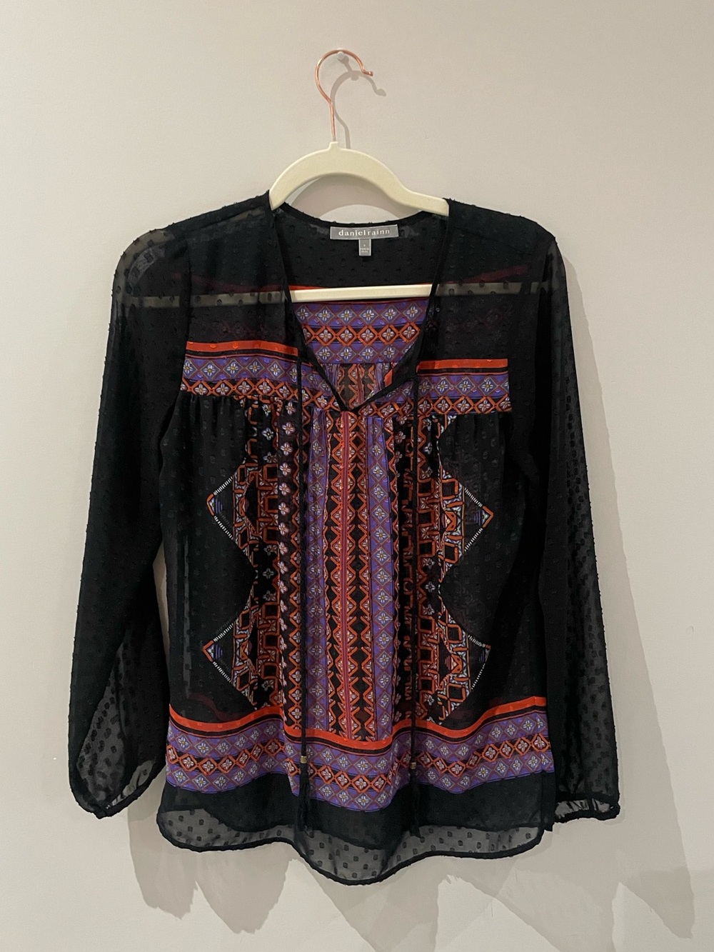 Daniel Rainn Black Sheer Blouse with Purple and Red Geometric Panel